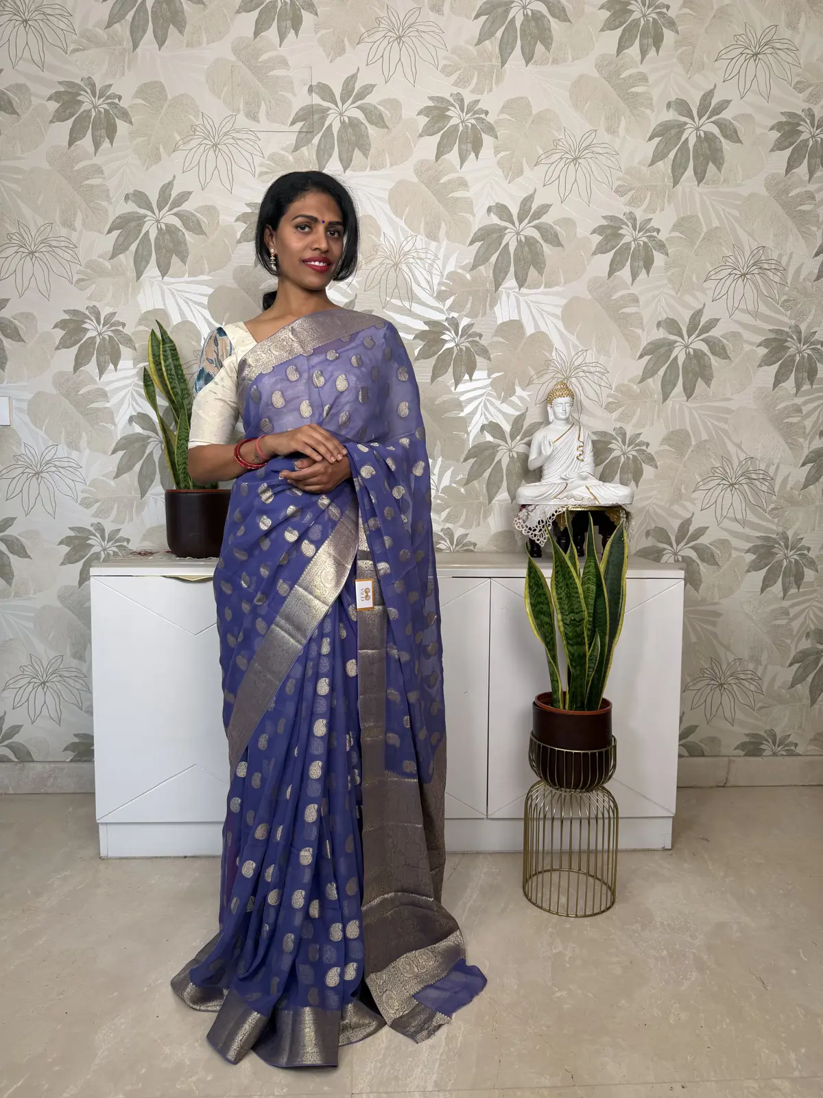 Violet Blue Chiffon Saree with Mango (Paisley) Butti Design