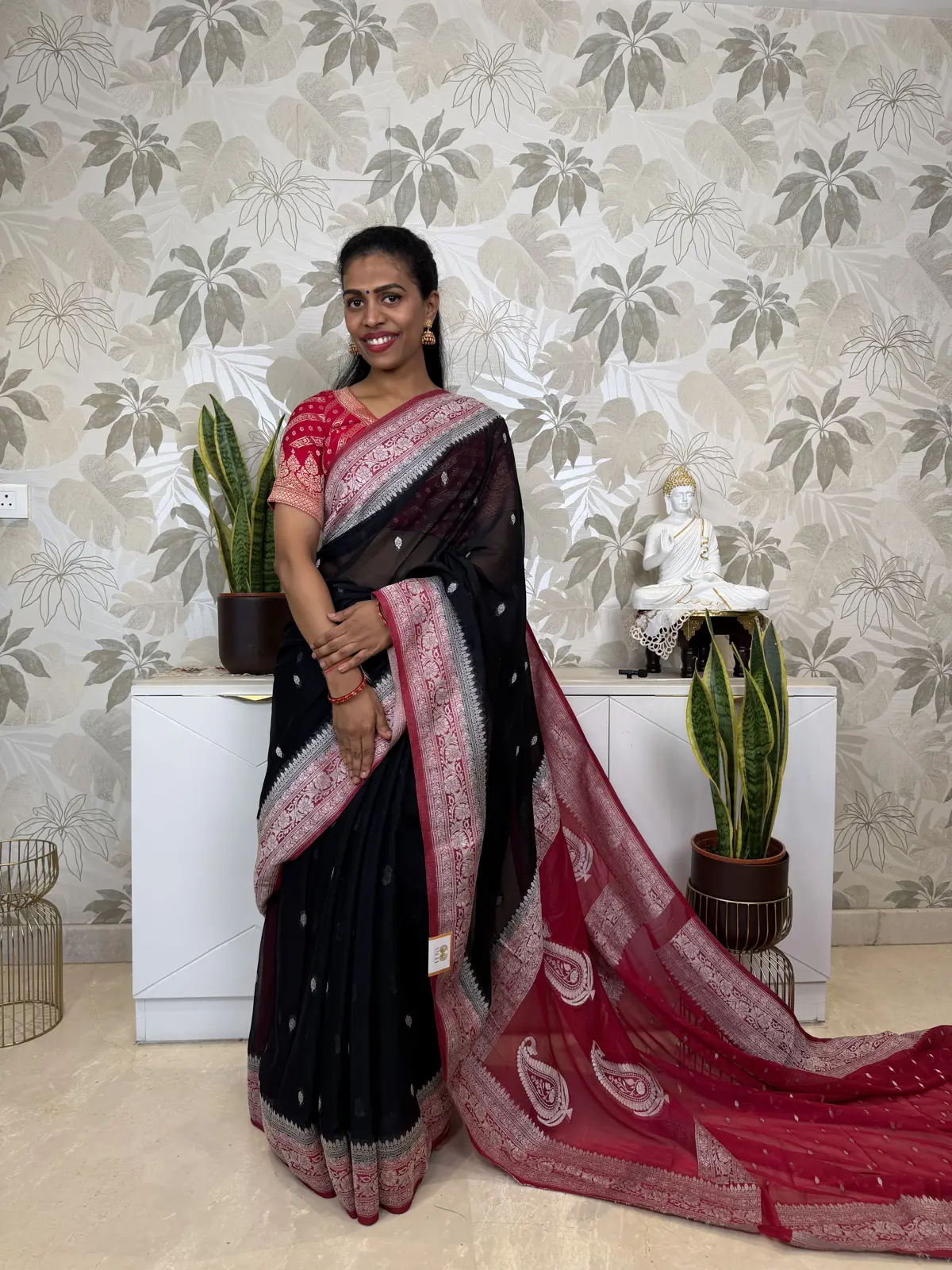 Black Chiffon Saree with Elegant Silver Zari Border